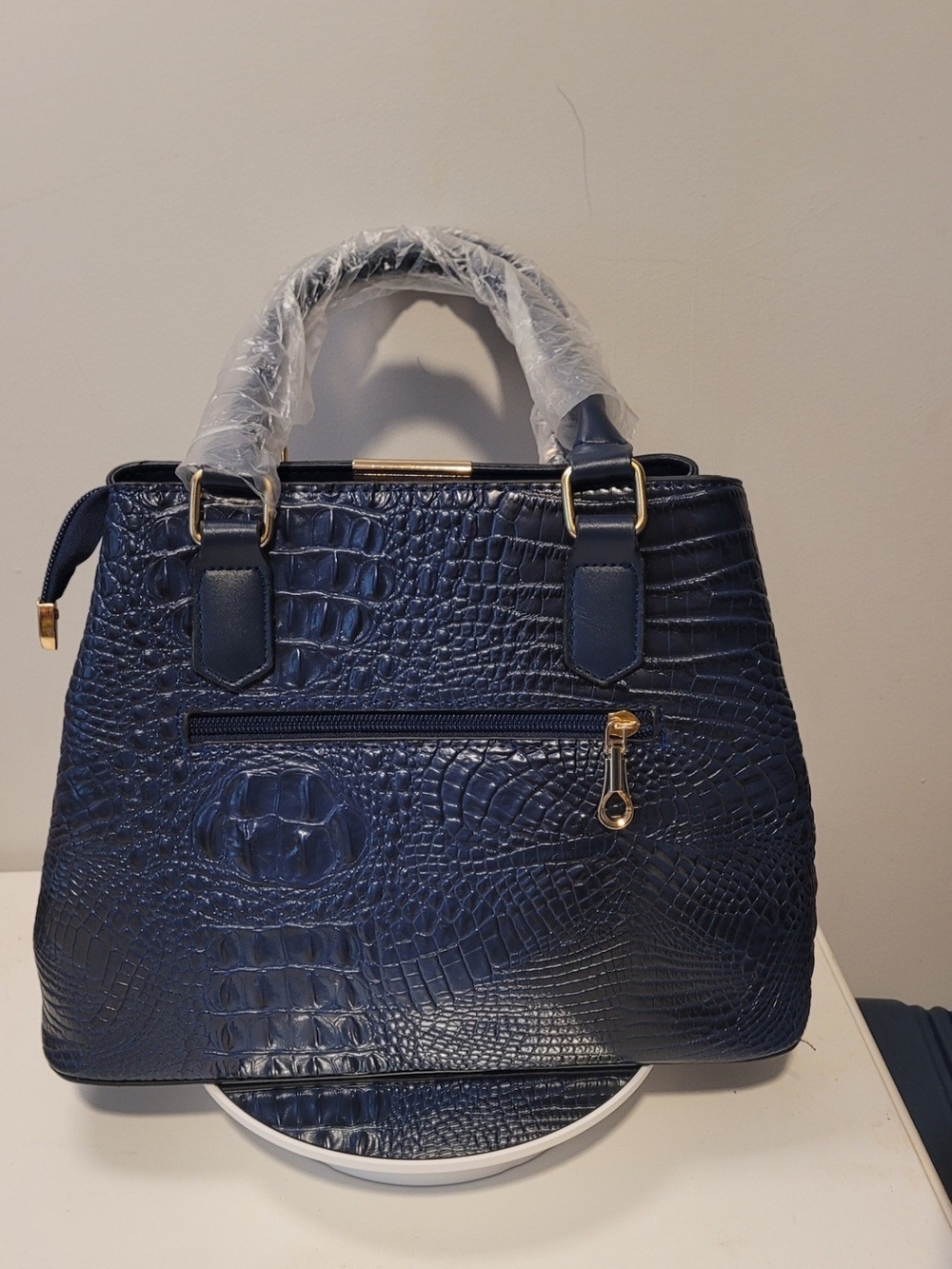 Croc-Embossed Structured Satchel in Dark Blue - Picture 3 of 5
